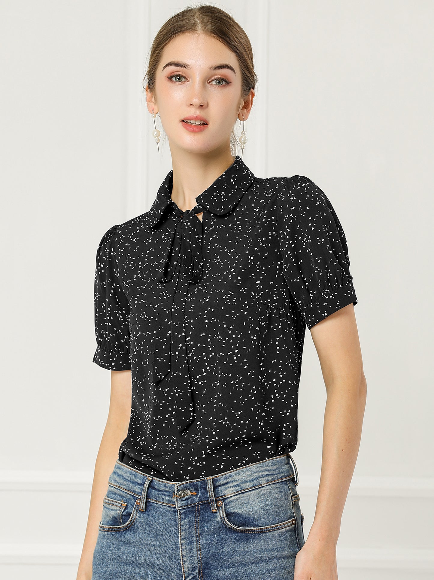 Women's Retro Printed Bow Tie Peter Pan Collar Chiffon Blouse Shirt