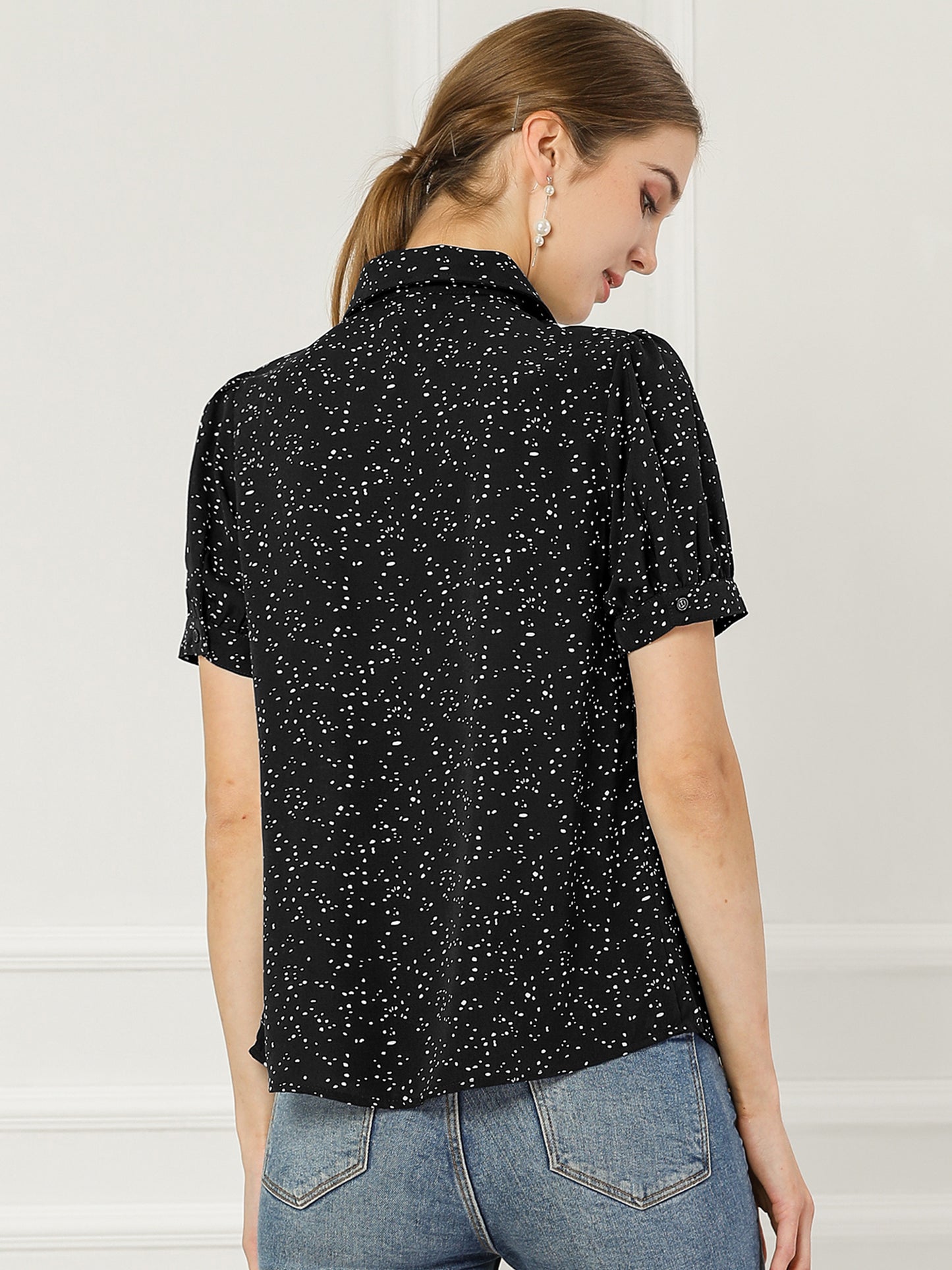 Women's Retro Printed Bow Tie Peter Pan Collar Chiffon Blouse Shirt