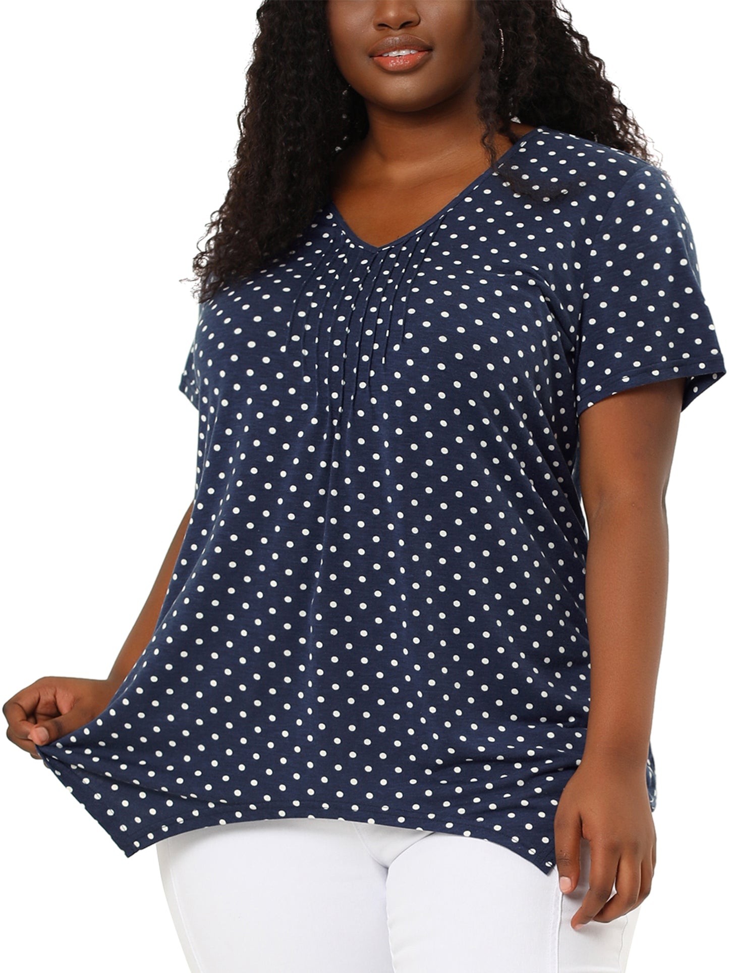 Women Plus Size Blouses Asymmetric V Neck Pintuck Short Sleeve Polka Dots Top