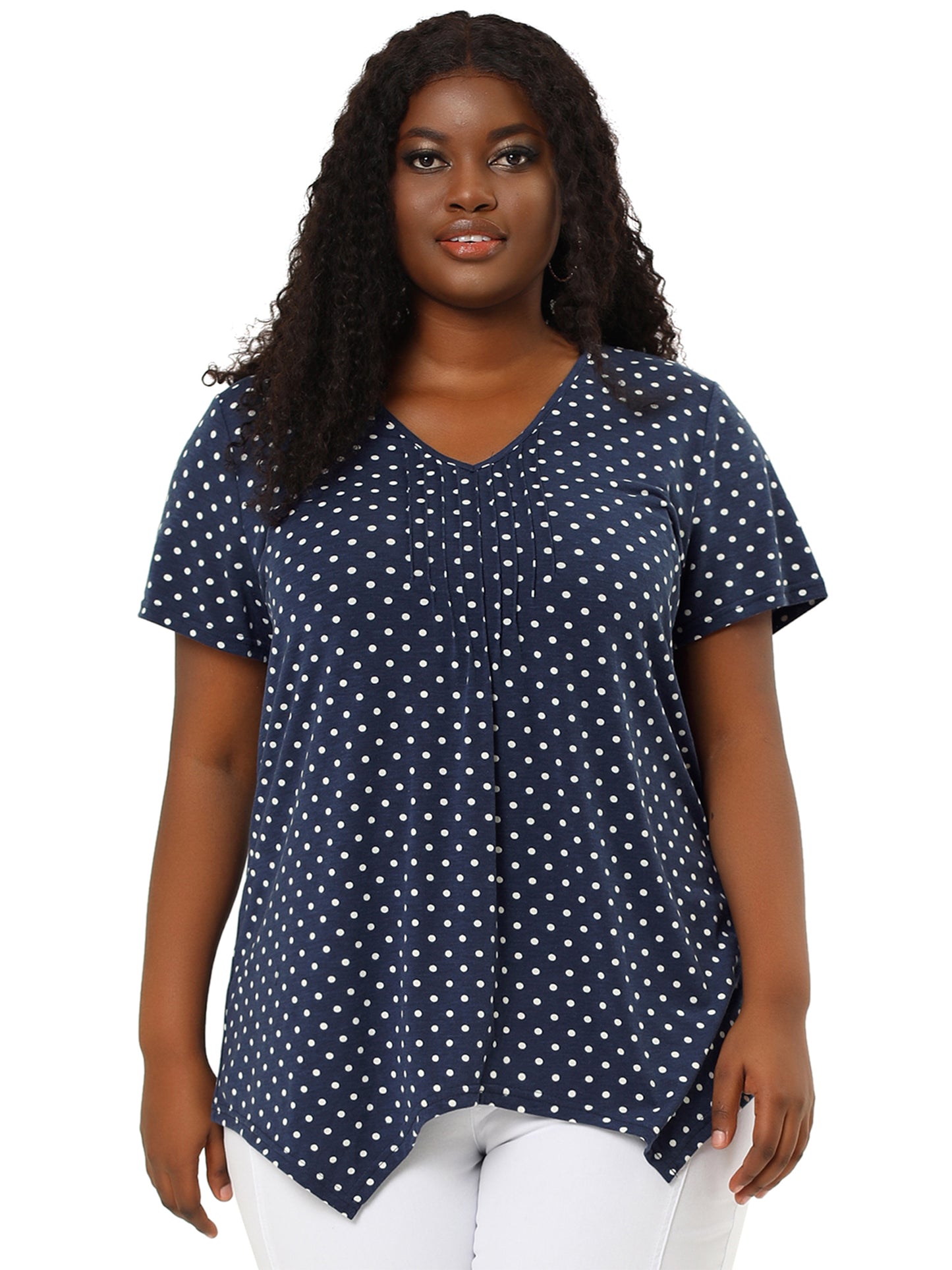 Women Plus Size Blouses Asymmetric V Neck Pintuck Short Sleeve Polka Dots Top