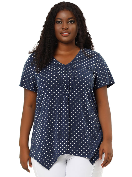 Women Plus Size Blouses Asymmetric V Neck Pintuck Short Sleeve Polka Dots Top
