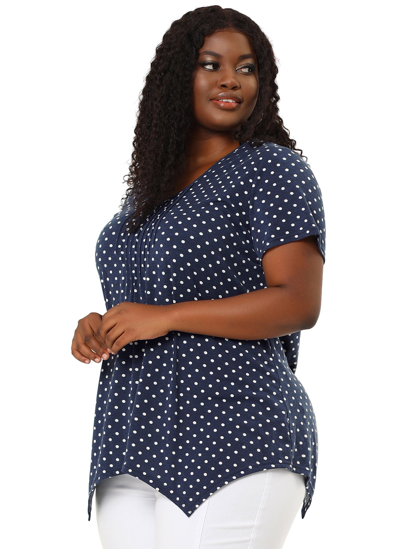Women Plus Size Blouses Asymmetric V Neck Pintuck Short Sleeve Polka Dots Top