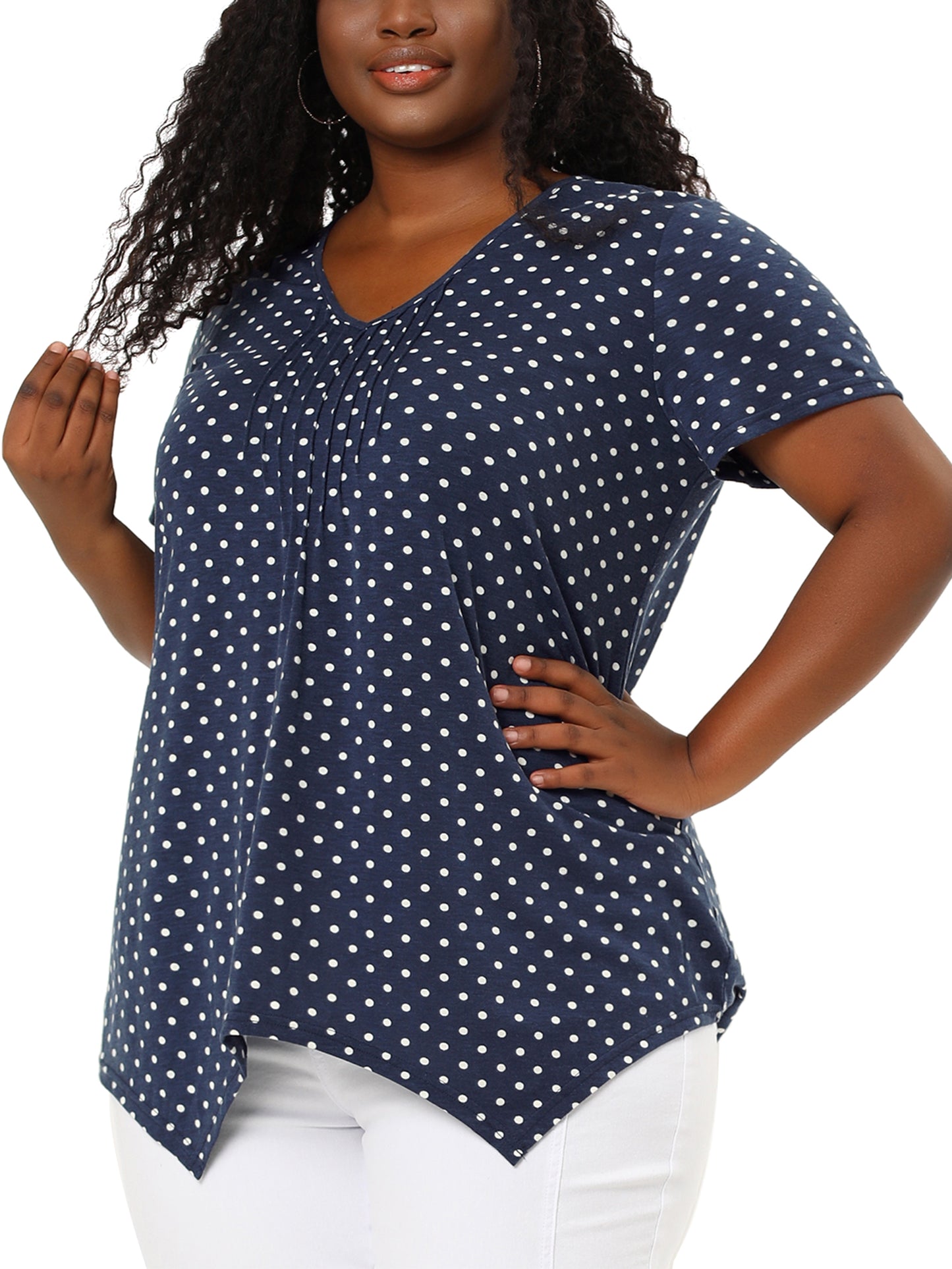 Women Plus Size Blouses Asymmetric V Neck Pintuck Short Sleeve Polka Dots Top