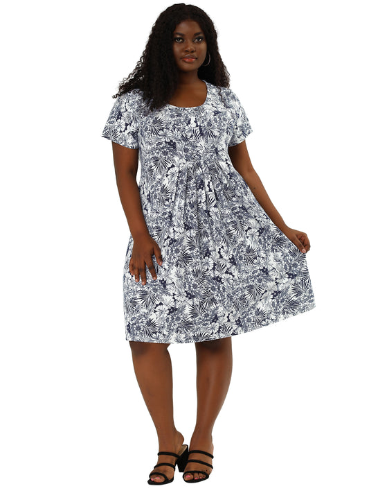 Vestido floral suelto informal de verano plisado de manga corta de talla grande para mujer
