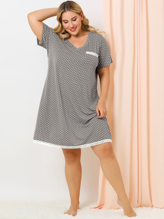 Camisón de talla grande para mujer, ropa de dormir, camisón de manga corta con ribete de encaje, vestido de pijama