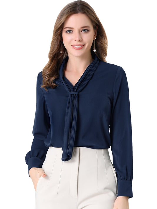 Women's Dressy Long Sleeve Chiffon Pleated Tie Neck Office Shirt (Available in Plus Size)