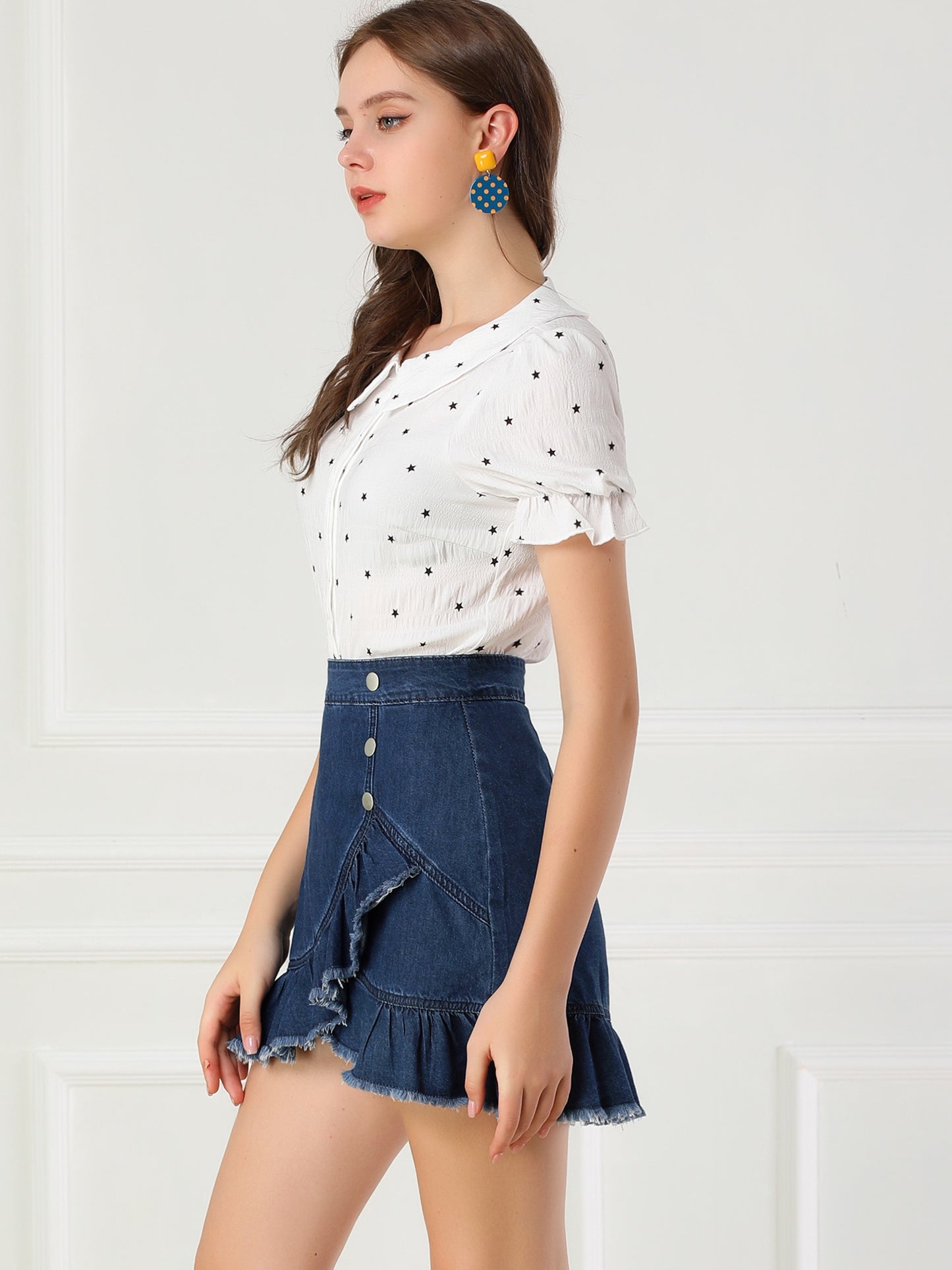 Women's Ruffle Irregular Hem High Waist Lightweight Mini Jeans Denim Skirt