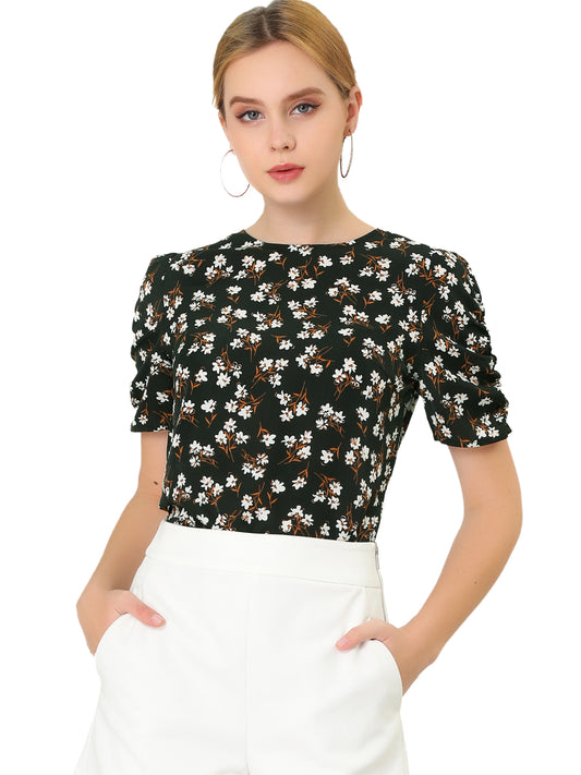 Women's Floral Crew Neck Summer Shirred Short Sleeve Blouse