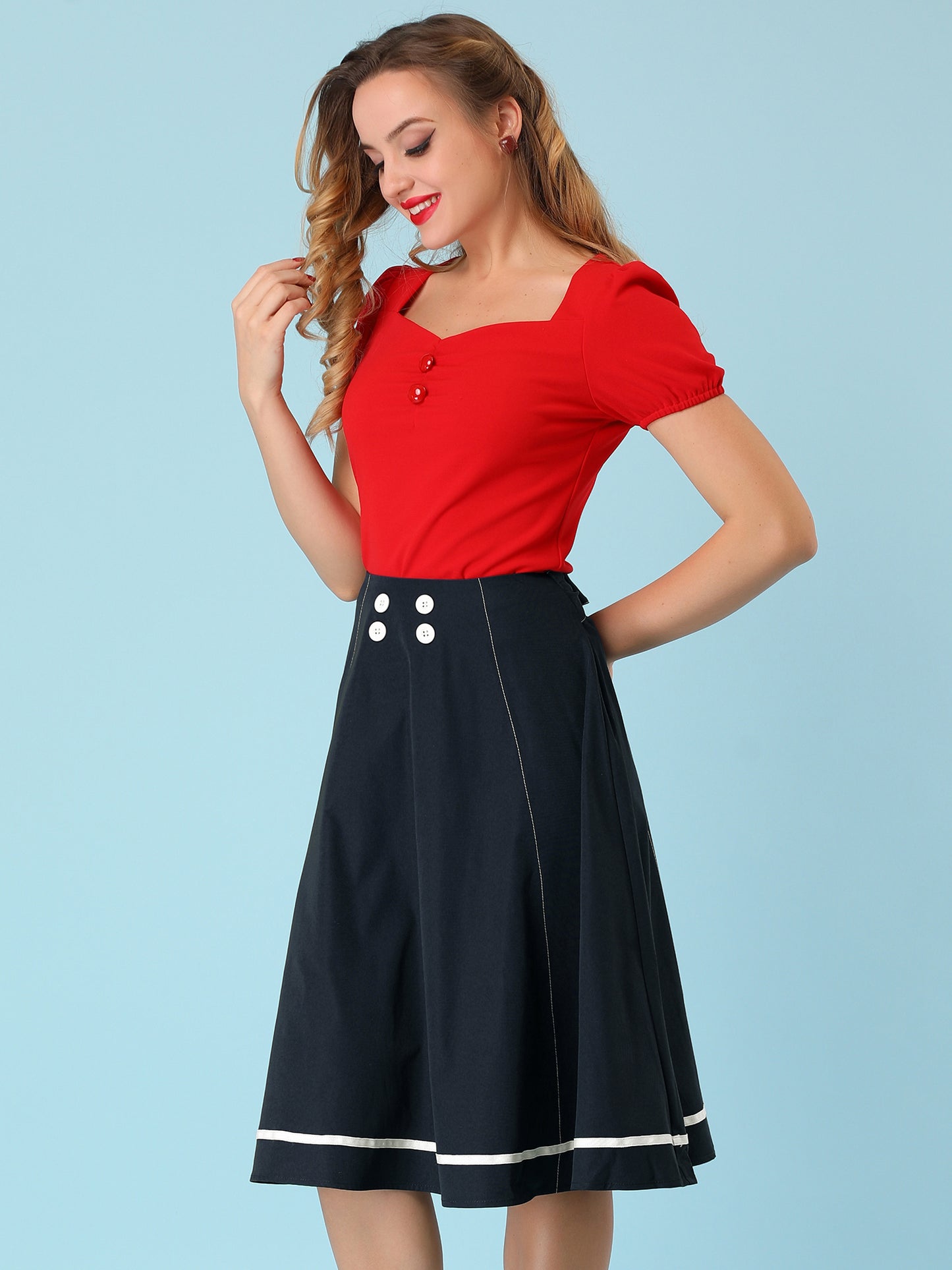 Falda elegante acampanada para mujer con lazo en la cintura y botones decorativos en contraste. Falda de corte A.