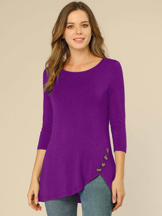 Women's Tunic T-shirt Loose Asymmetry Hem 3/4 Sleeve Round Neck Casual Basic Top (Available in Plus Size)