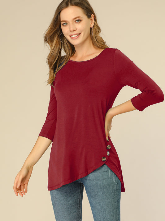 Women's Tunic T-shirt Loose Asymmetry Hem 3/4 Sleeve Round Neck Casual Basic Top (Available in Plus Size)