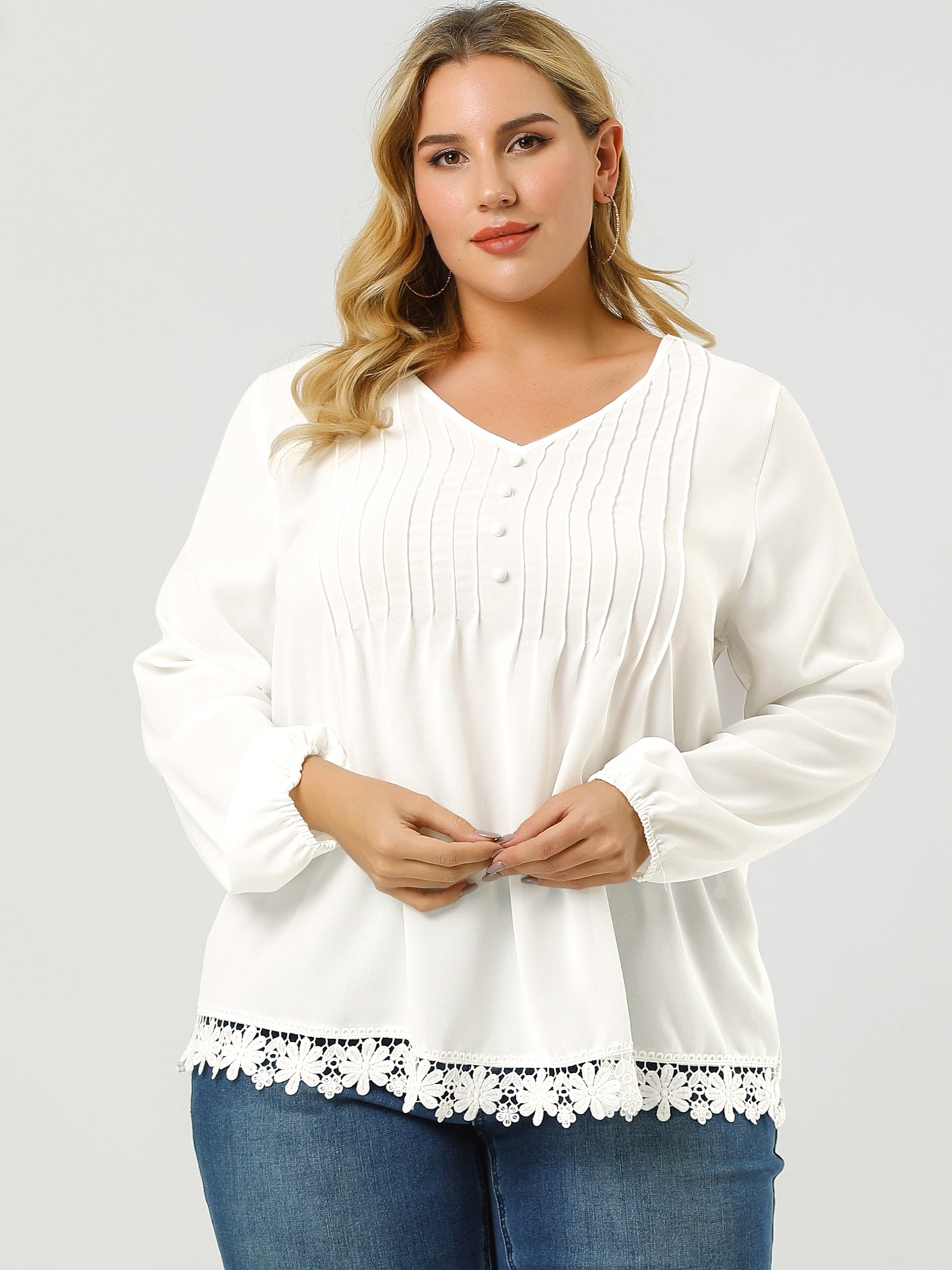 Women's Plus Size Top Casual Long Sleeves Pleated Lace Hollow Chiffon Blouse