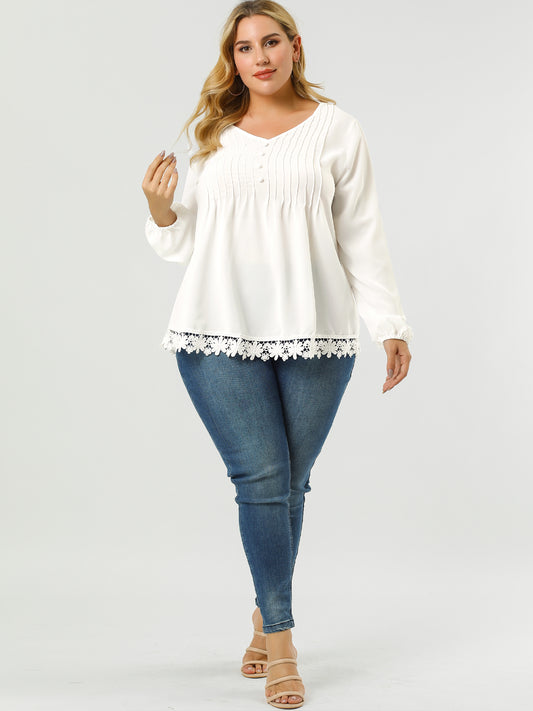 Women's Plus Size Top Casual Long Sleeves Pleated Lace Hollow Chiffon Blouse