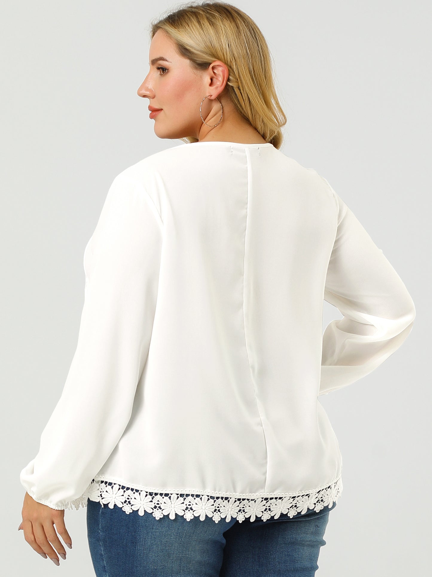 Women's Plus Size Top Casual Long Sleeves Pleated Lace Hollow Chiffon Blouse