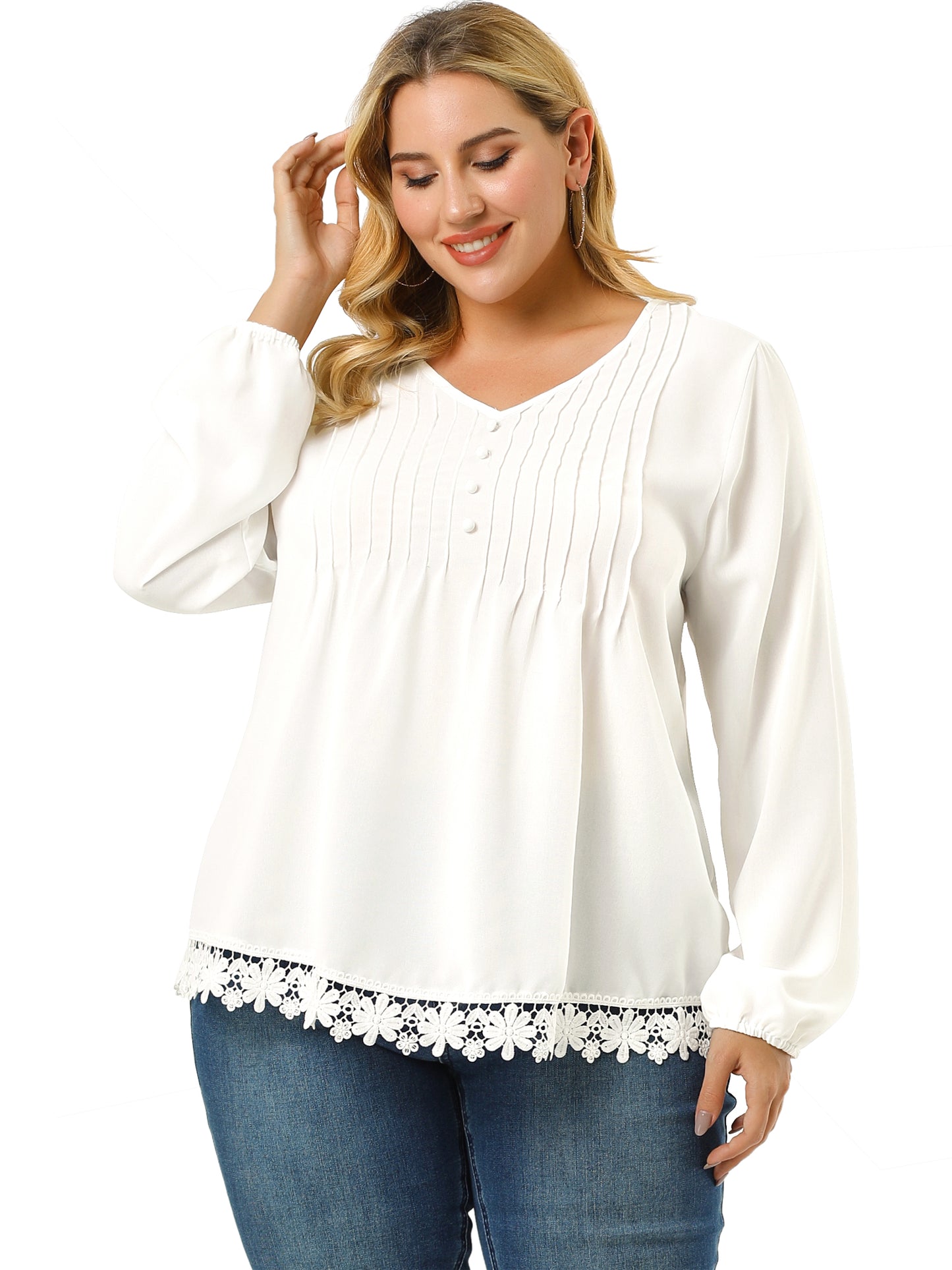 Women's Plus Size Top Casual Long Sleeves Pleated Lace Hollow Chiffon Blouse