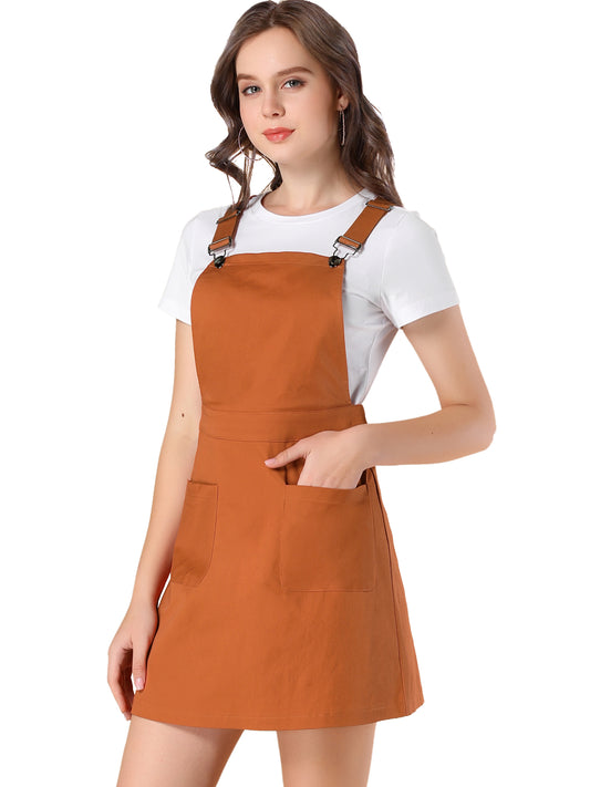 Women's Adjustable Strap Suspender Skirt with Pocket A-Line Pinafore Overall Dress