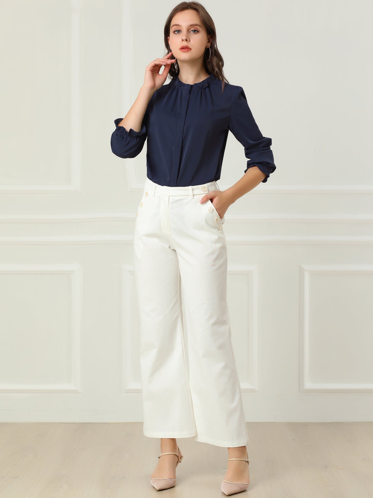 Blusa elegante de gasa con botones y manga larga con cuello con volantes para mujer