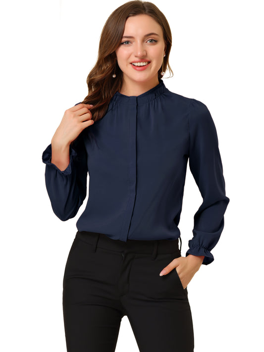 Blusa elegante de gasa con botones y manga larga con cuello con volantes para mujer