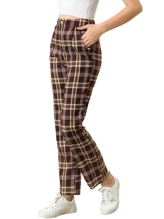 Women's Plaid Pants Elastic Waist Casual Work Office Long Trousers