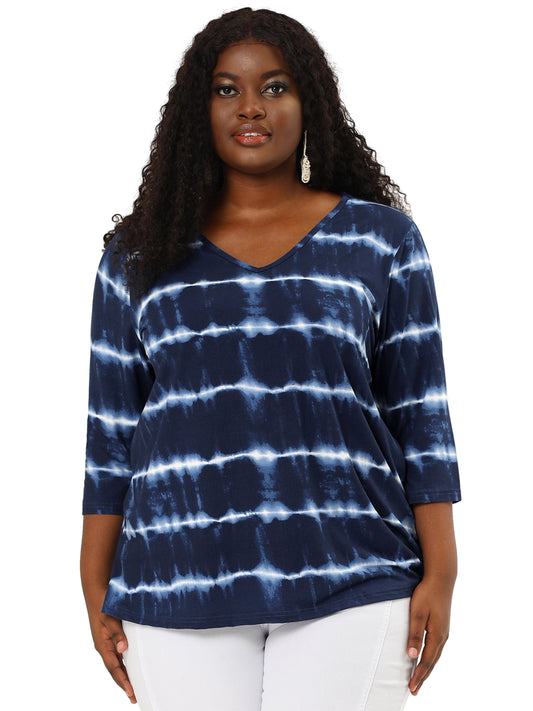 Women Plus Size T Shirt V Neck 3/4 Sleeve Loose Casual Blouse Striped Tie Dye Print