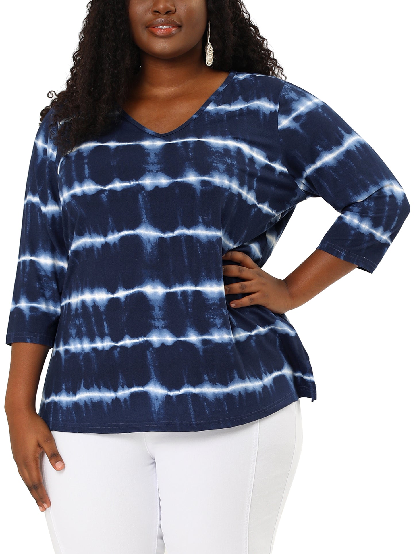 Women Plus Size T Shirt V Neck 3/4 Sleeve Loose Casual Blouse Striped Tie Dye Print