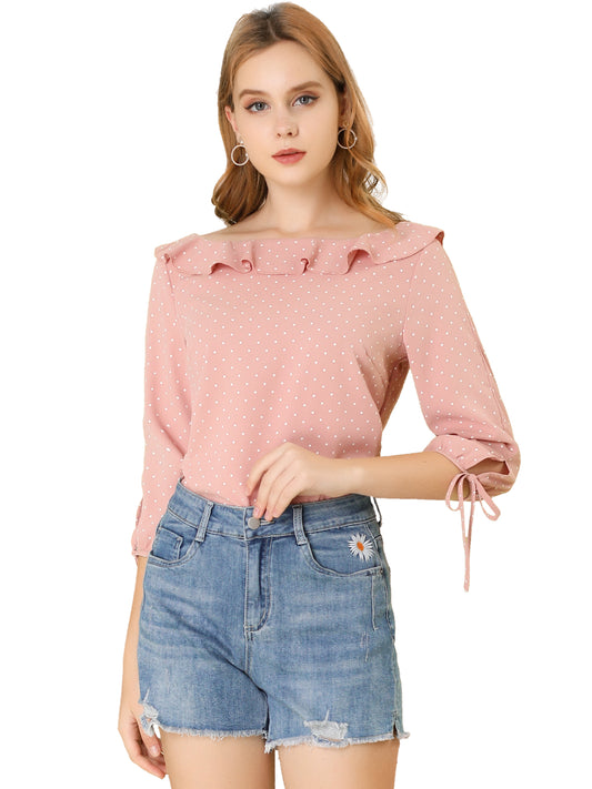 Women's Ruffled Collar Polka Dots 3/4 Sleeve Blouse