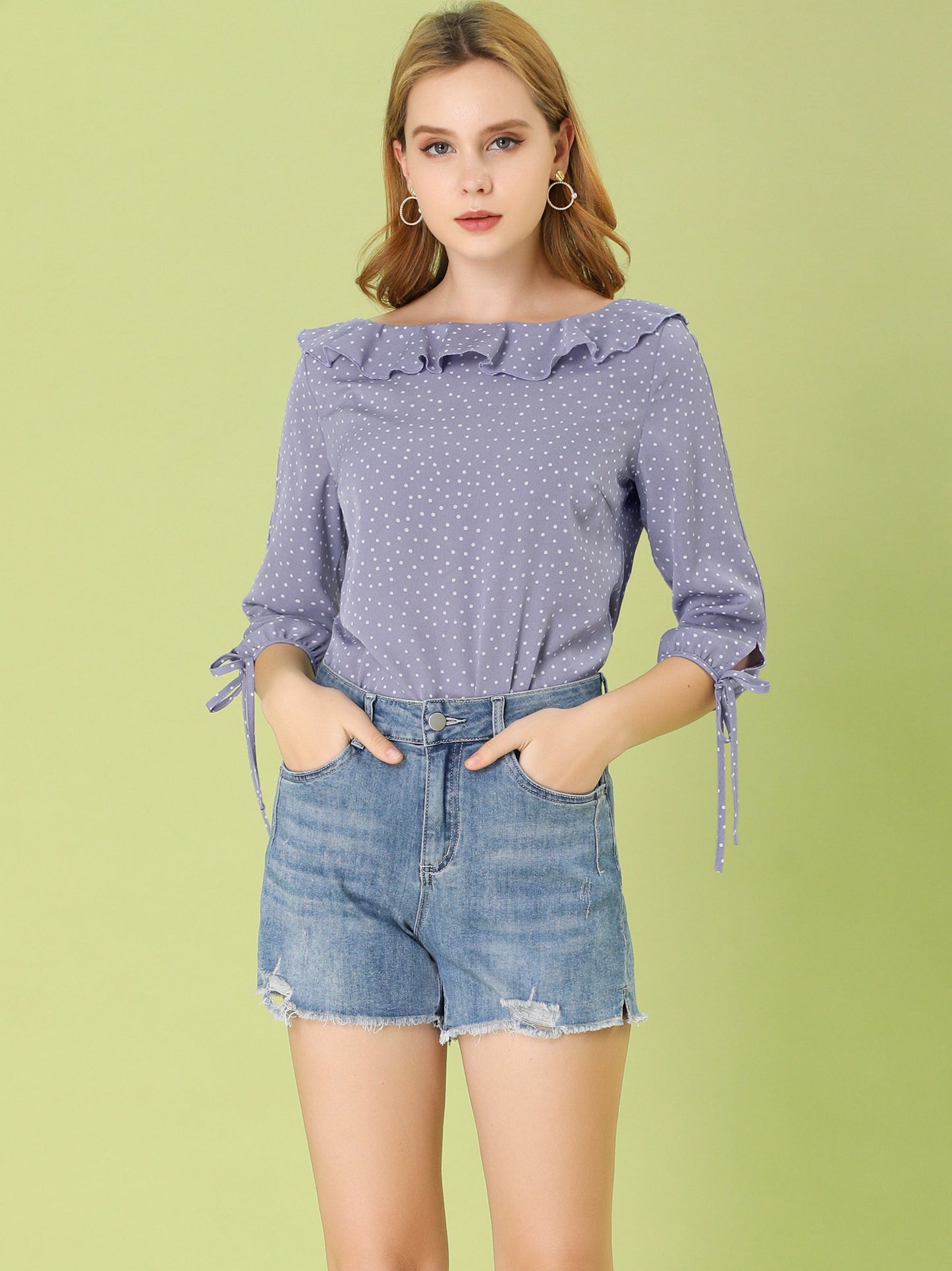 Women's Ruffled Collar Polka Dots 3/4 Sleeve Blouse