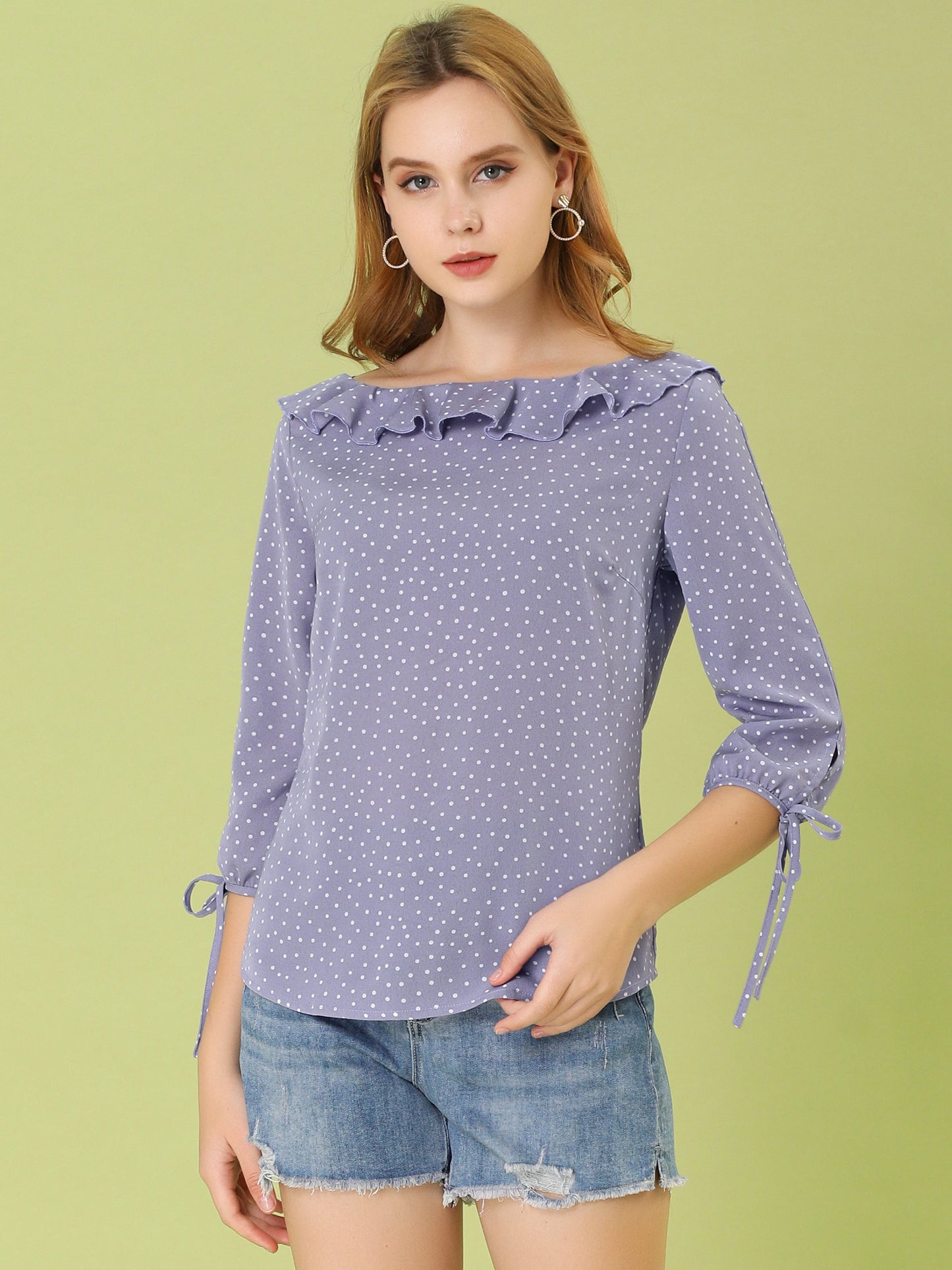 Women's Ruffled Collar Polka Dots 3/4 Sleeve Blouse