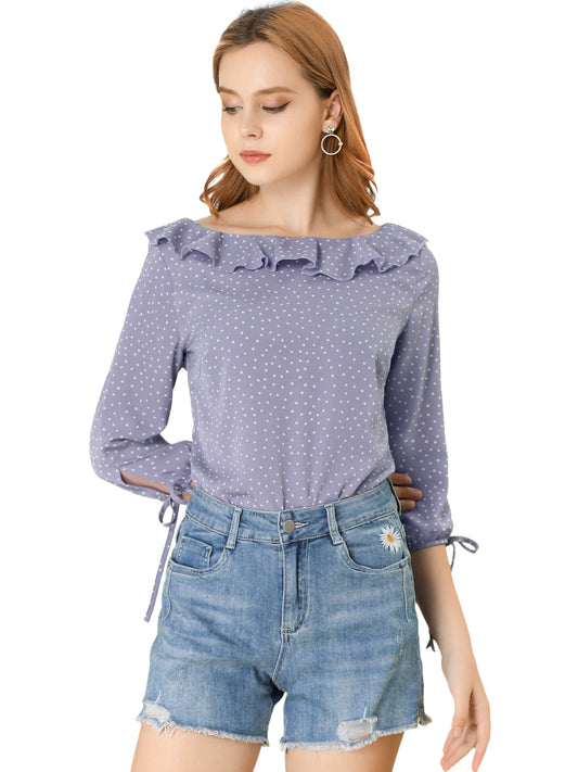 Women's Ruffled Collar Polka Dots 3/4 Sleeve Blouse