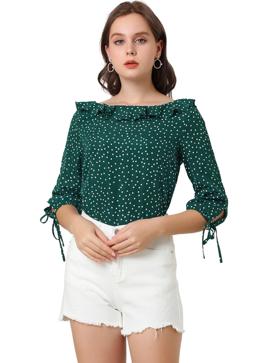 Women's Ruffled Collar Polka Dots 3/4 Sleeve Blouse