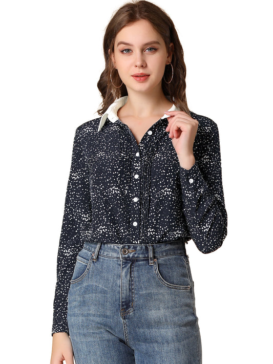 Women's Contrast Collar Dots Printed Long Sleeve Pleated Front Button Down Shirt