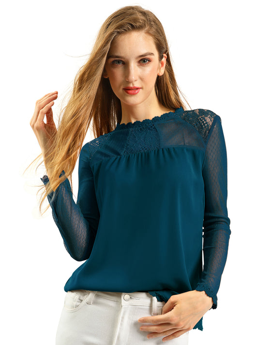 Women's Chiffon Top Elegant Sheer Mesh Lace Long Sleeve Blouse