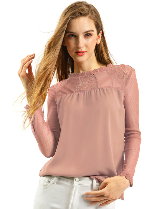 Women's Chiffon Top Elegant Sheer Mesh Lace Long Sleeve Blouse