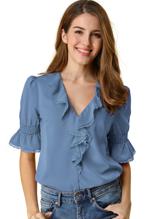 Women's Ruffle V Neck Puff Sleeve Blouse Summer Casual Chiffon Top
