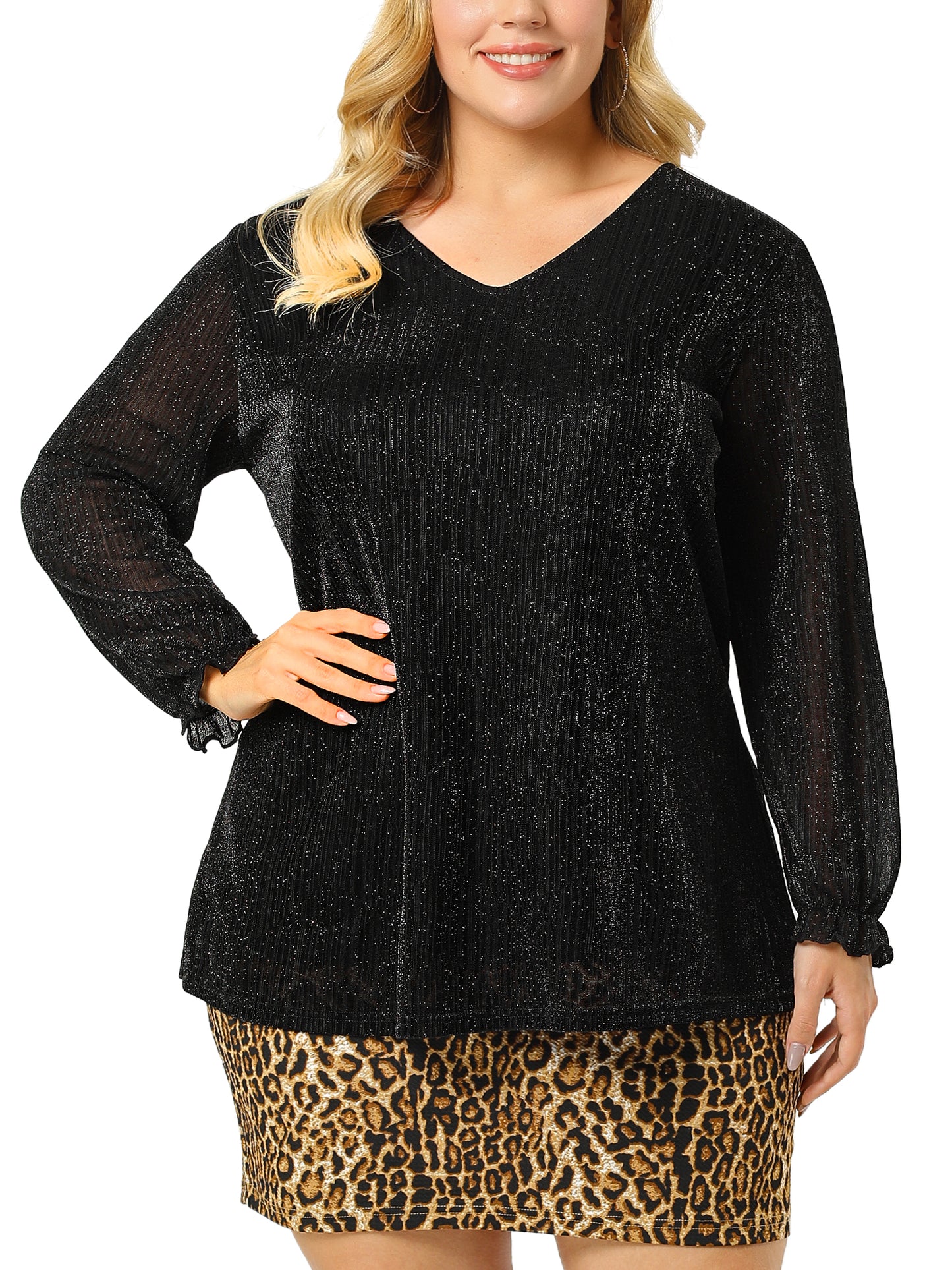 Women's Plus Size Metallic Party Glitter Long Sleeve Shiny Disco Sparkle Top