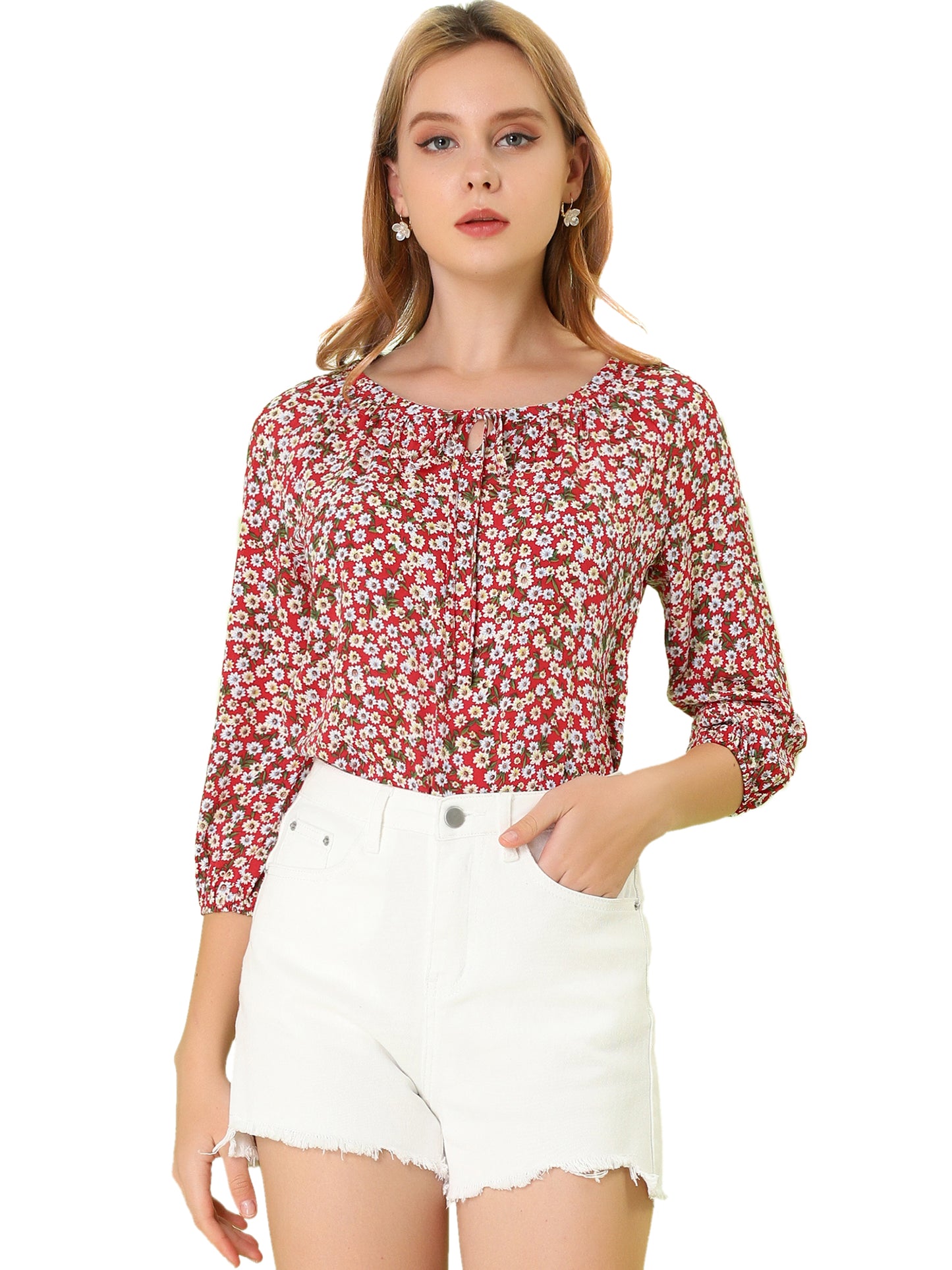 Women Floral Print 3/4 Raglan Sleeve Drawstring Round Neck Blouse