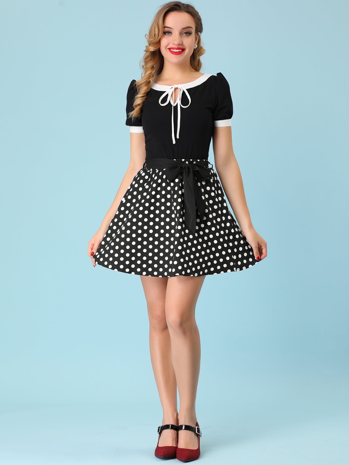 Minifalda retro de lunares con cintura alta, cinturón y bolsillos, estilo años 50 para mujer