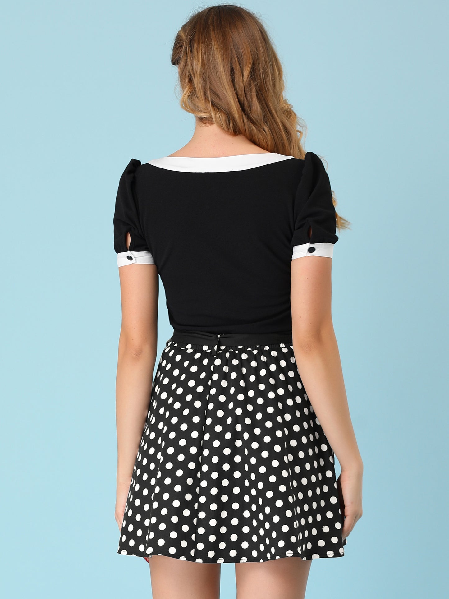 Minifalda retro de lunares con cintura alta, cinturón y bolsillos, estilo años 50 para mujer
