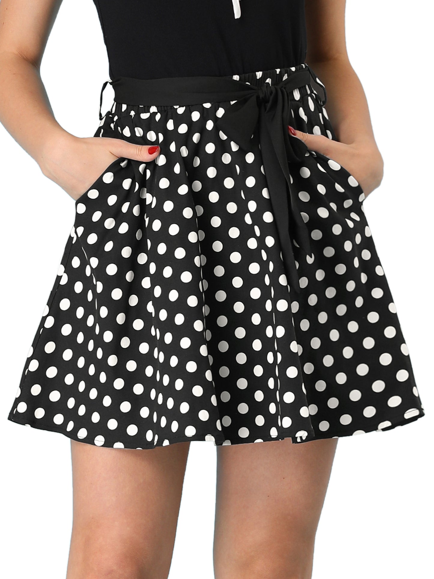 Minifalda retro de lunares con cintura alta, cinturón y bolsillos, estilo años 50 para mujer