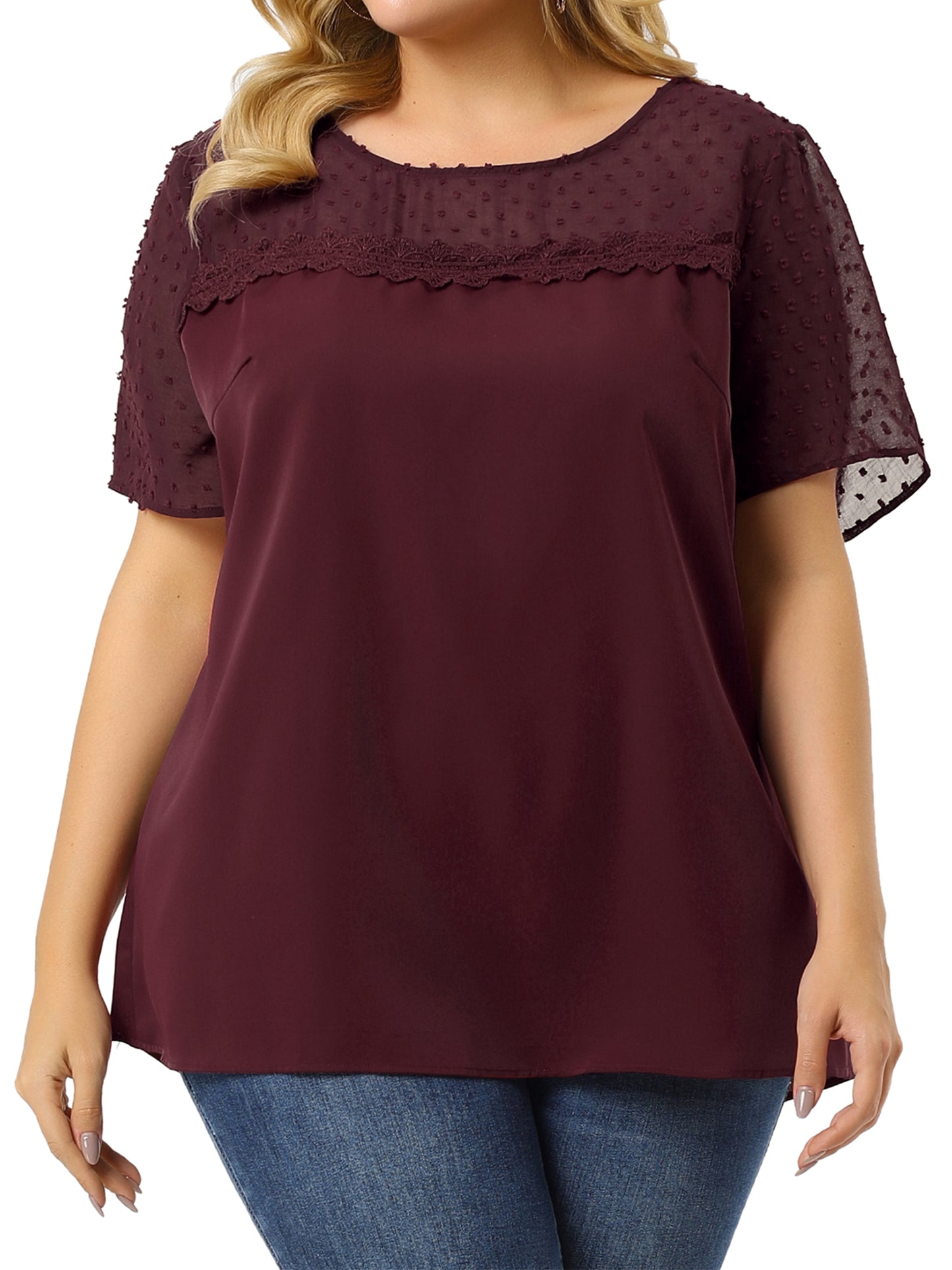 Women's Plus Size Round Neck Short Sleeves Polka Dots Lace Panel Summer Blouse