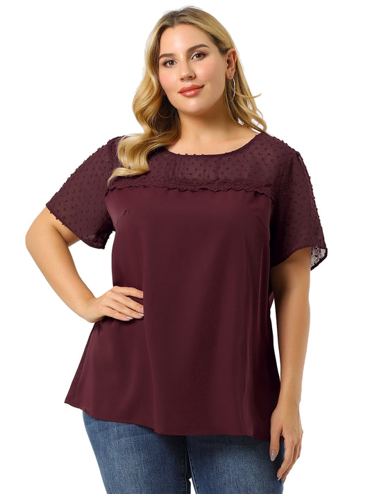Women's Plus Size Round Neck Short Sleeves Polka Dots Lace Panel Summer Blouse