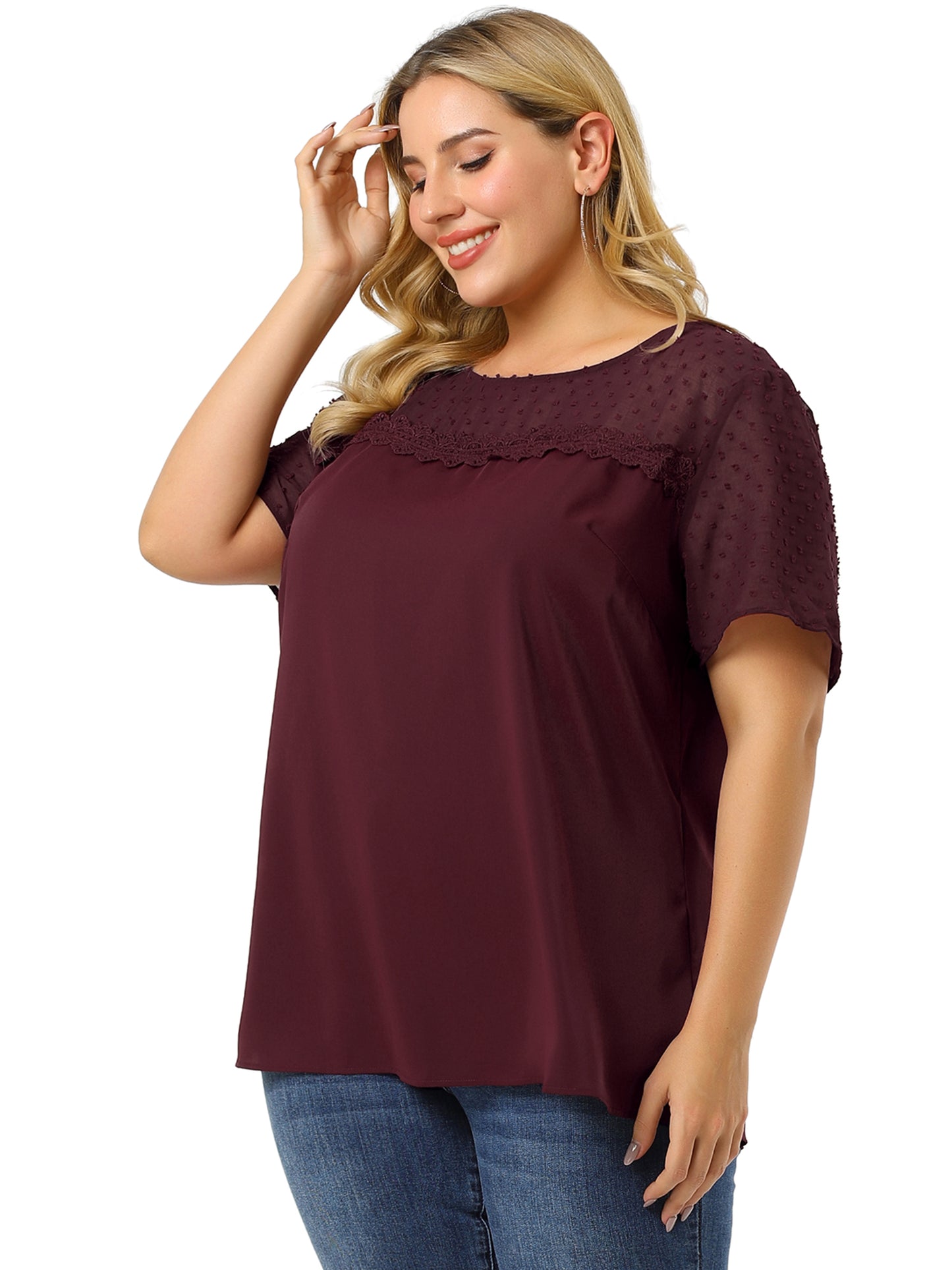 Women's Plus Size Round Neck Short Sleeves Polka Dots Lace Panel Summer Blouse