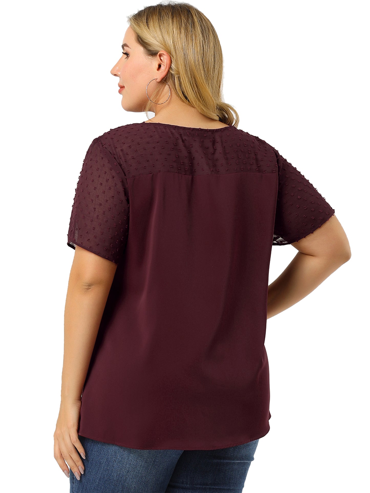 Women's Plus Size Round Neck Short Sleeves Polka Dots Lace Panel Summer Blouse