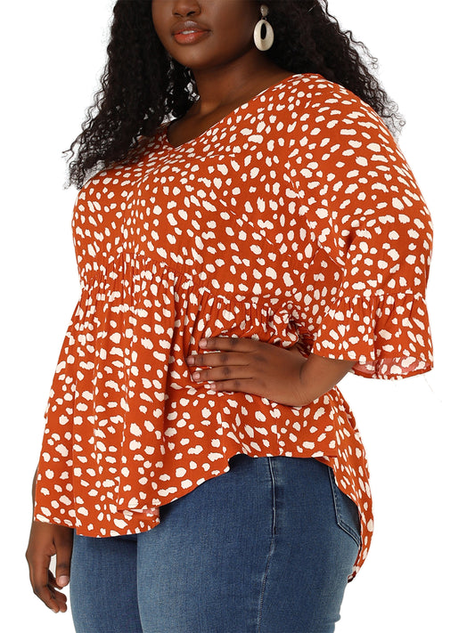 Women Plus Size Polka Dots Blouses V Neck 3/4 Ruffle Sleeve Peplum Top