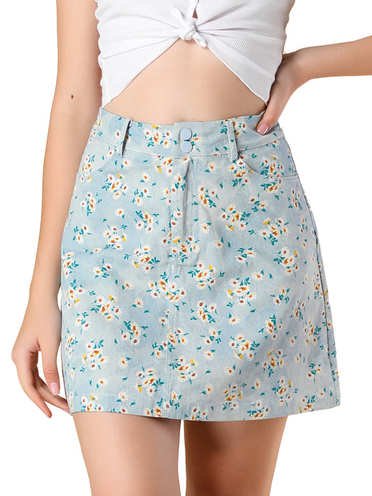Women's Daisy Floral Pockets A-Line Chambray Mini Skirt