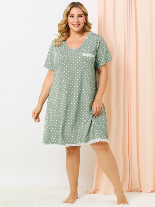 Camisón de talla grande para mujer, ropa de dormir, camisón de manga corta con ribete de encaje, vestido de pijama