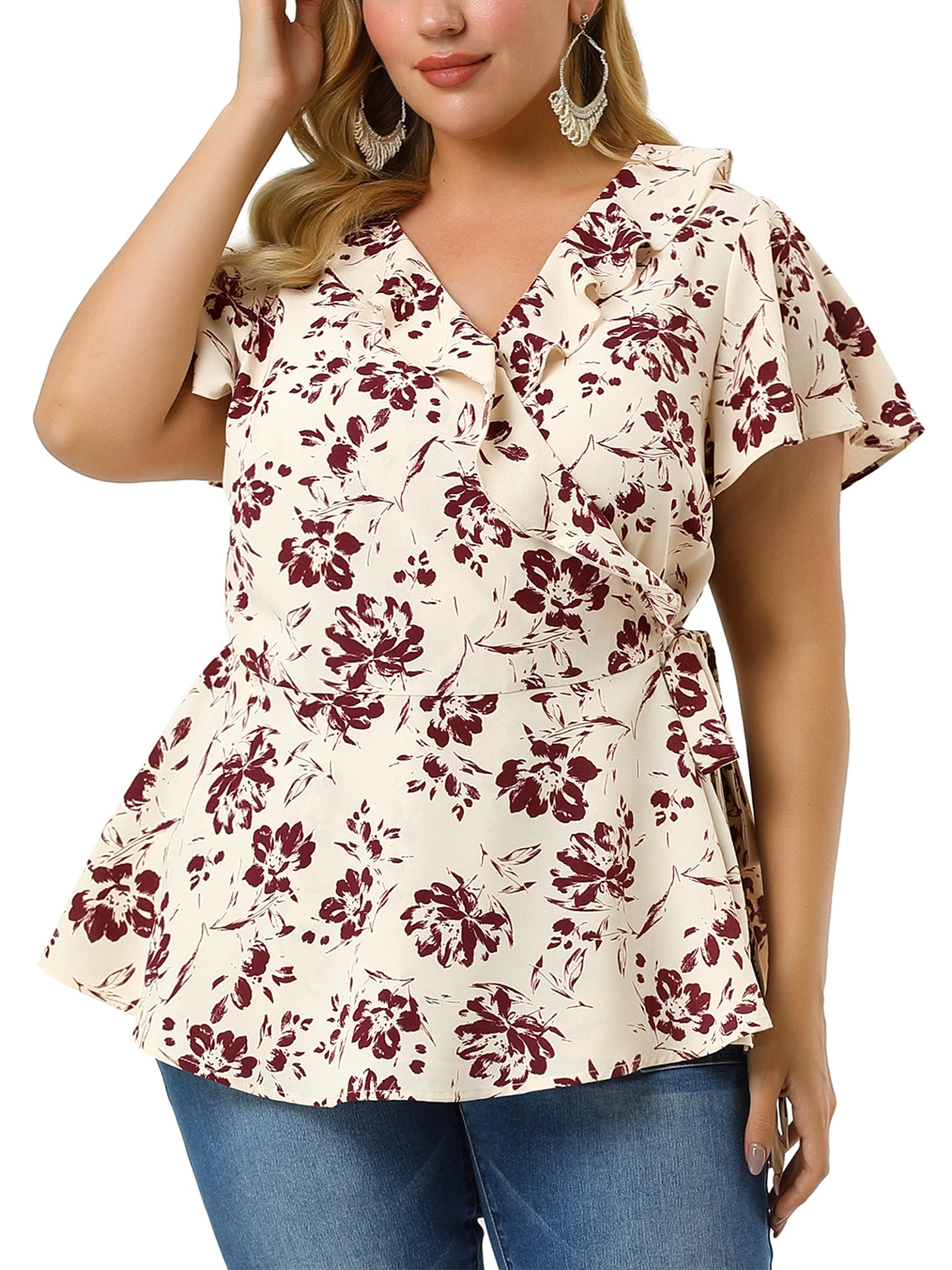 Women Plus Size Wrap V Neck Tie Waist Ruffle Sleeve Blouse Summer Floral Top