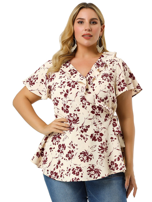 Women Plus Size Wrap V Neck Tie Waist Ruffle Sleeve Blouse Summer Floral Top