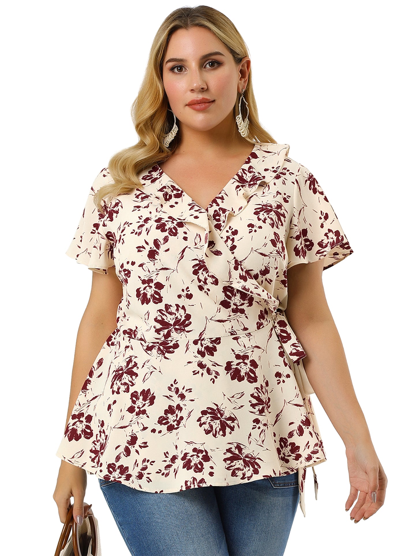 Women Plus Size Wrap V Neck Tie Waist Ruffle Sleeve Blouse Summer Floral Top