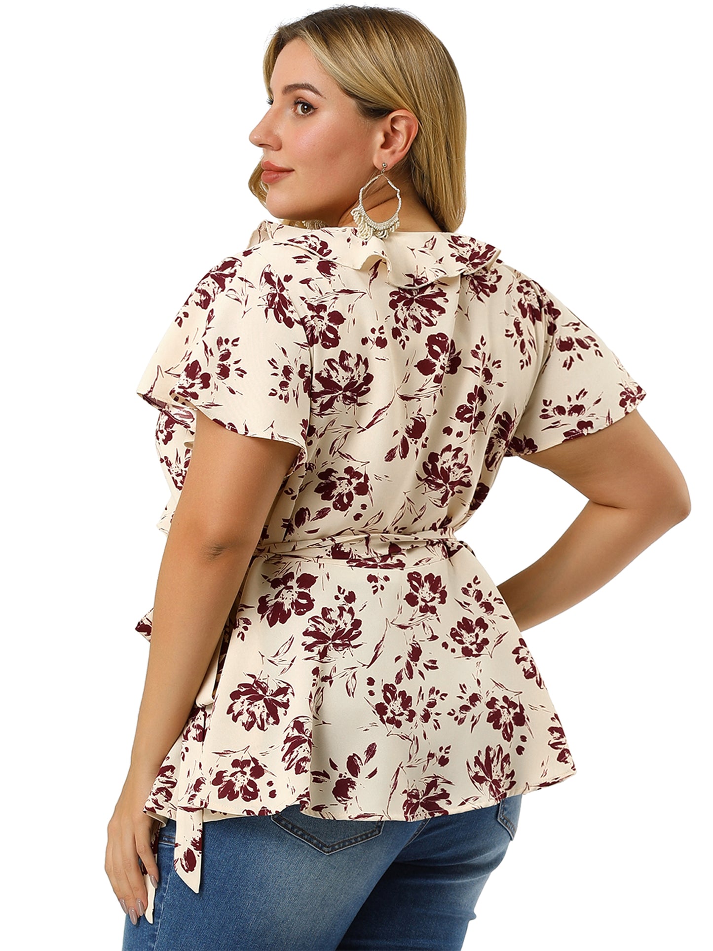 Women Plus Size Wrap V Neck Tie Waist Ruffle Sleeve Blouse Summer Floral Top